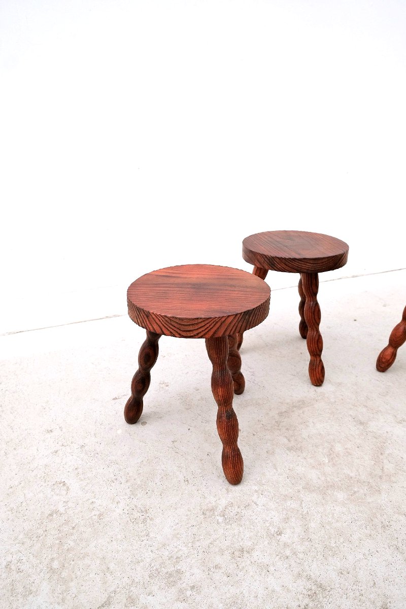Trio De Tabourets En Bois Massif, Espagne 1970  -photo-2