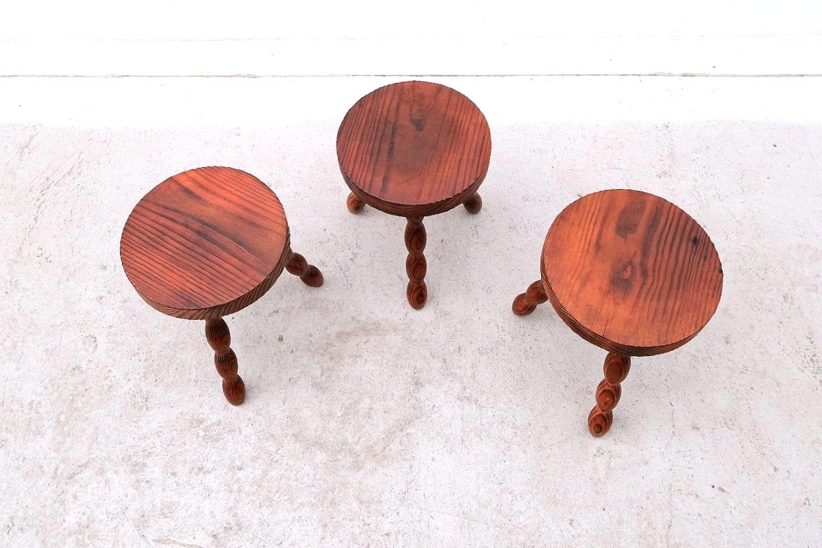 Trio De Tabourets En Bois Massif, Espagne 1970  -photo-3