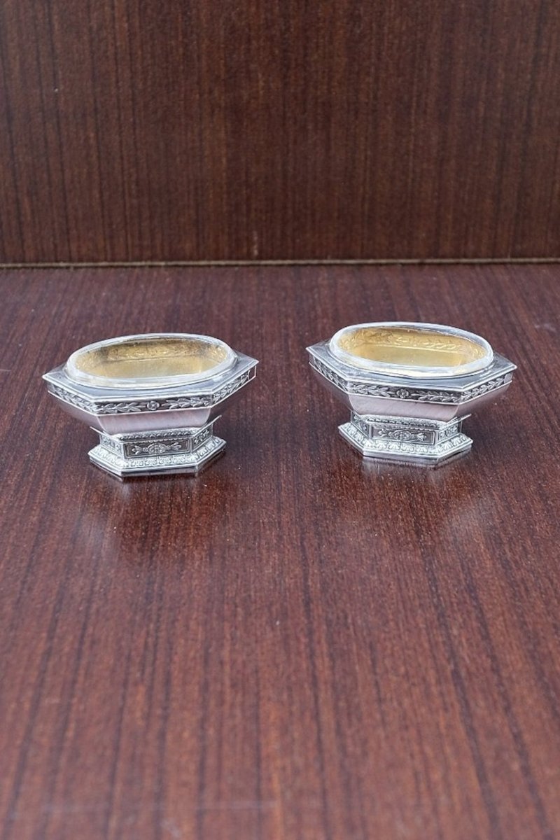 Salière & Poivrière 19 ème En Argent Massif, Vermeil Et Verre, Napoleon III  -photo-1