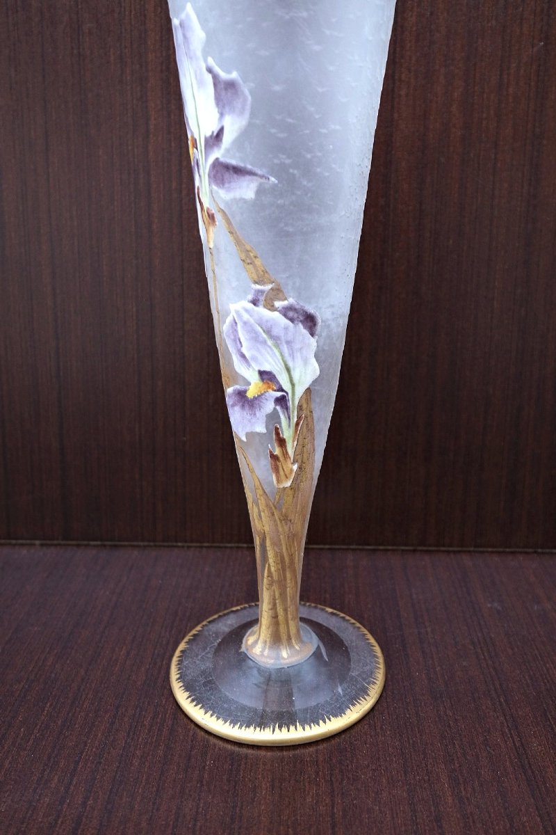 Art Nouveau "iris" Cornet Vase By Montjoye In Frosted Glass, France 1900  -photo-1