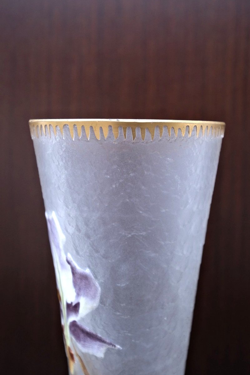 Art Nouveau "iris" Cornet Vase By Montjoye In Frosted Glass, France 1900  -photo-2
