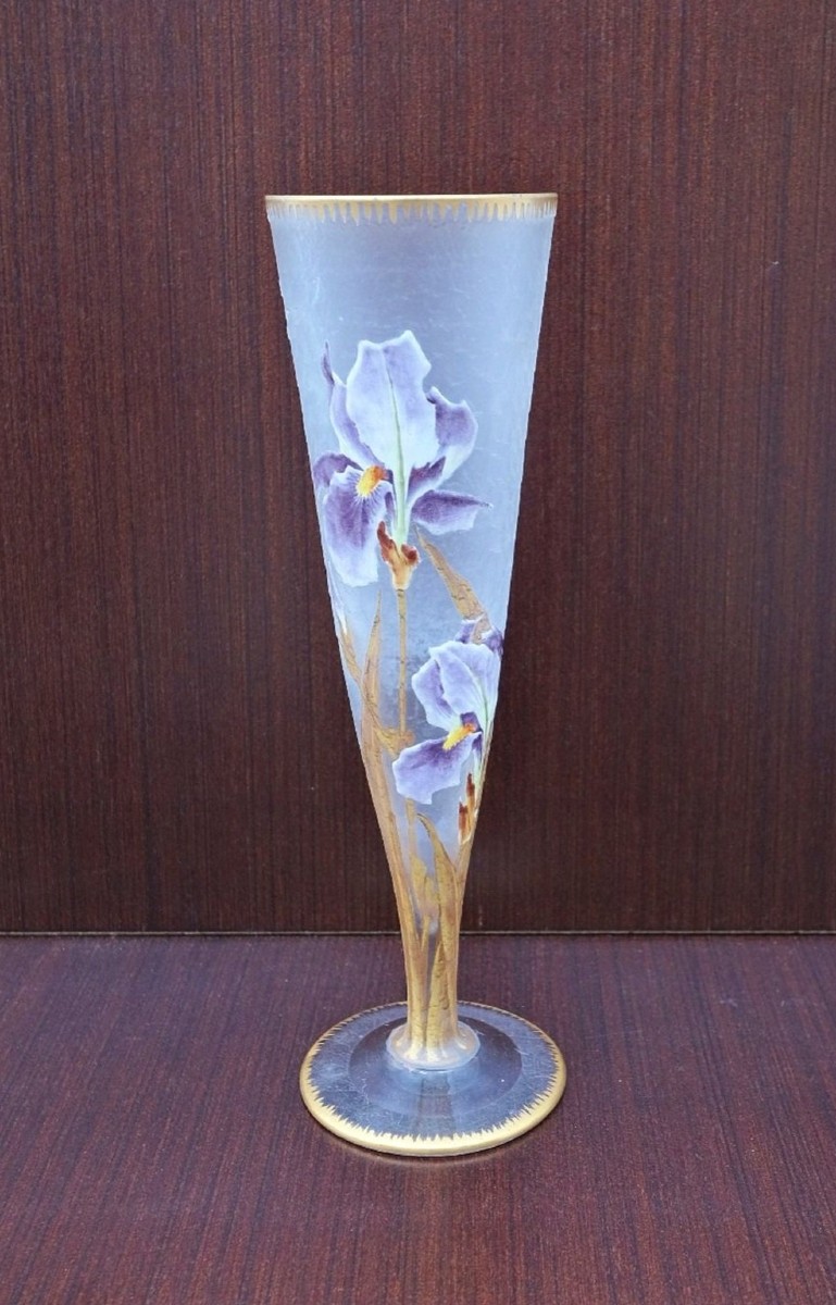 Art Nouveau "iris" Cornet Vase By Montjoye In Frosted Glass, France 1900  