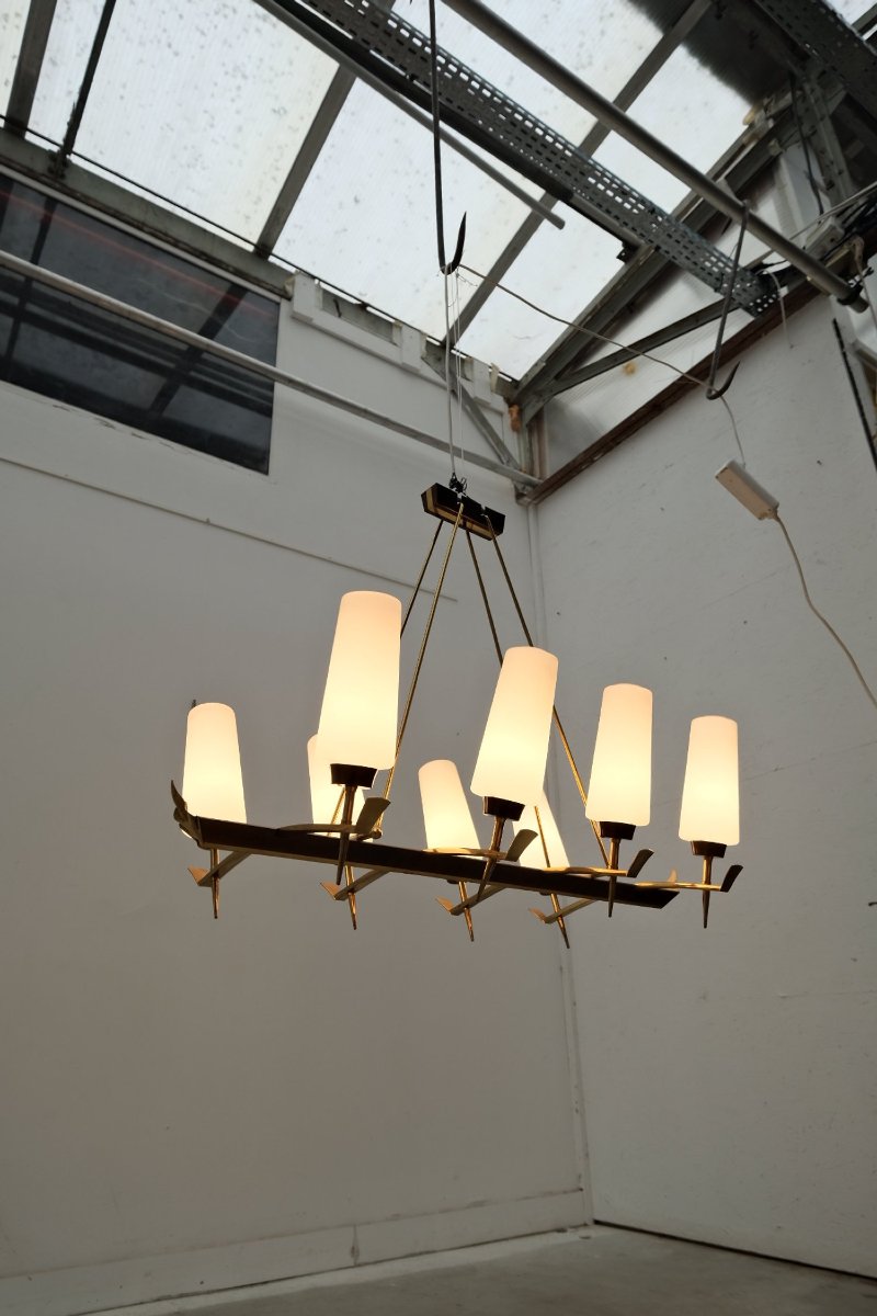 Brass And Opaline Chandelier, France 1950-photo-2