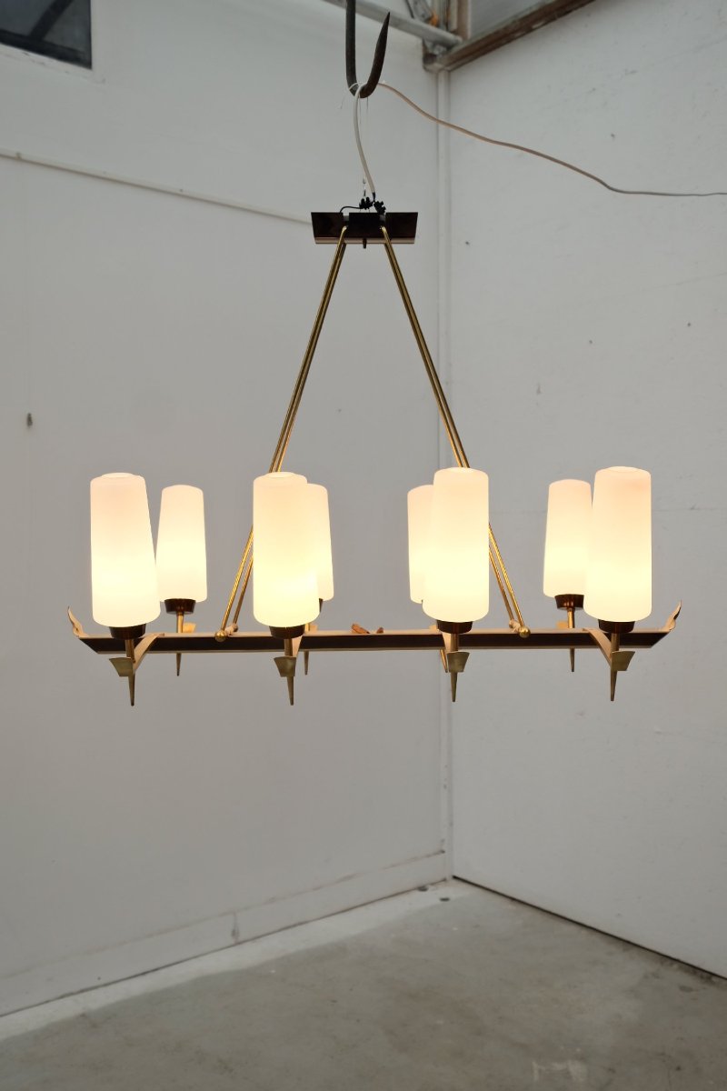 Brass And Opaline Chandelier, France 1950-photo-3