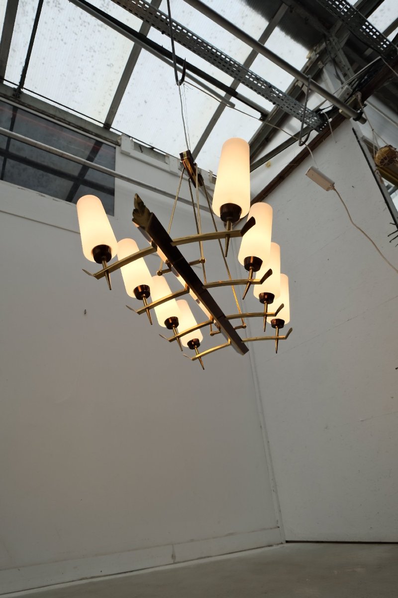 Brass And Opaline Chandelier, France 1950-photo-1