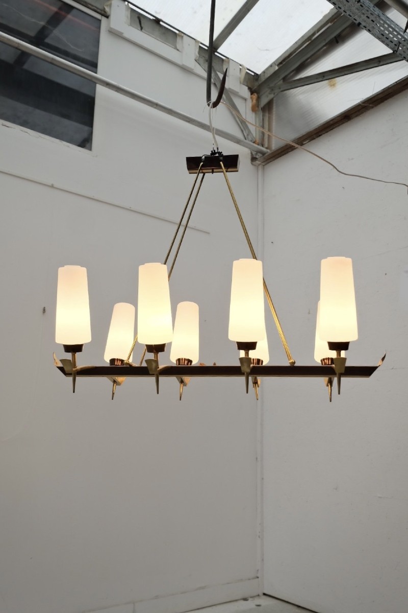 Brass And Opaline Chandelier, France 1950