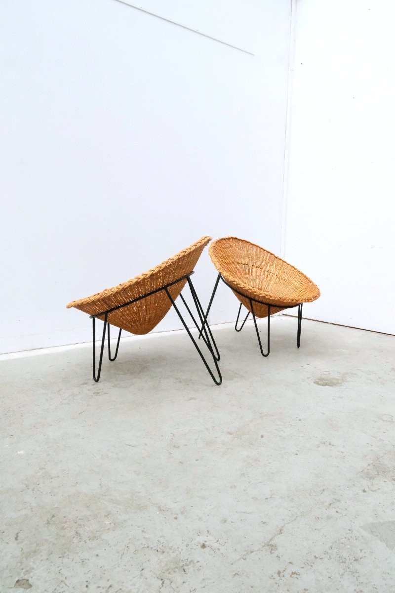 Set Of 4 Rattan And Metal Armchairs, France 1950  -photo-2