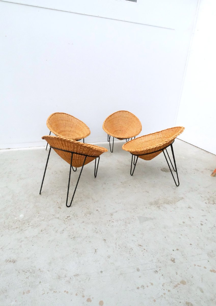 Set Of 4 Rattan And Metal Armchairs, France 1950  -photo-4