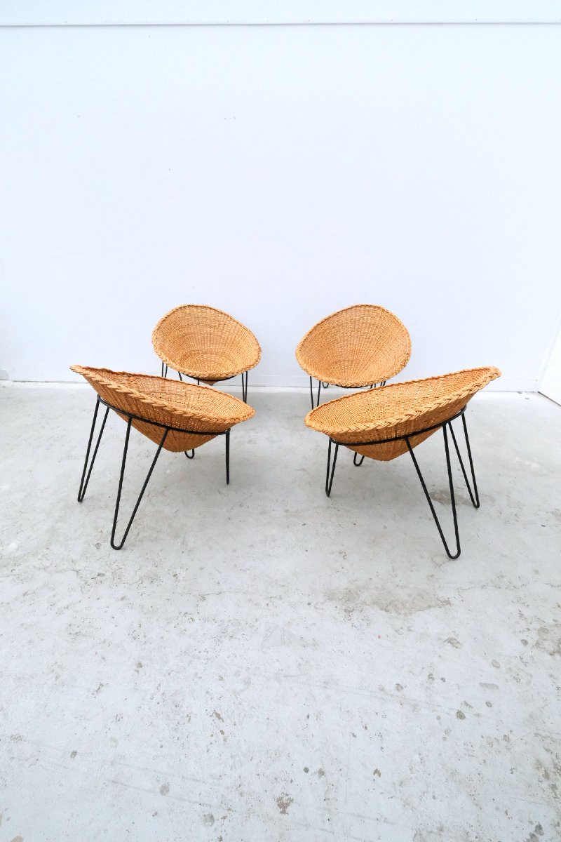 Set Of 4 Rattan And Metal Armchairs, France 1950  -photo-1