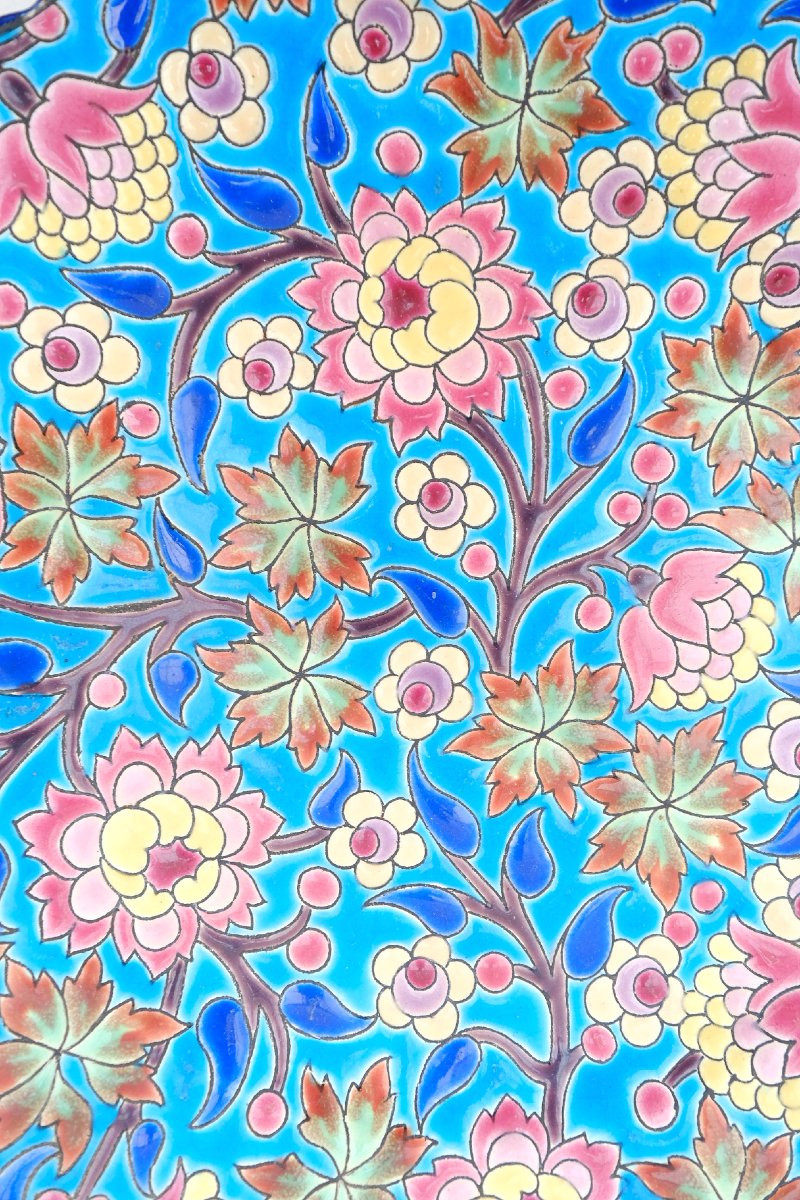 Longwy Earthenware Plate With Floral Decoration In Polychrome Enamels On A Sky Blue Background -photo-2