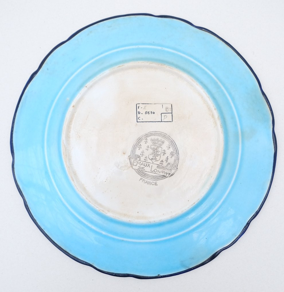 Longwy Earthenware Plate With Floral Decoration In Polychrome Enamels On A Sky Blue Background -photo-3