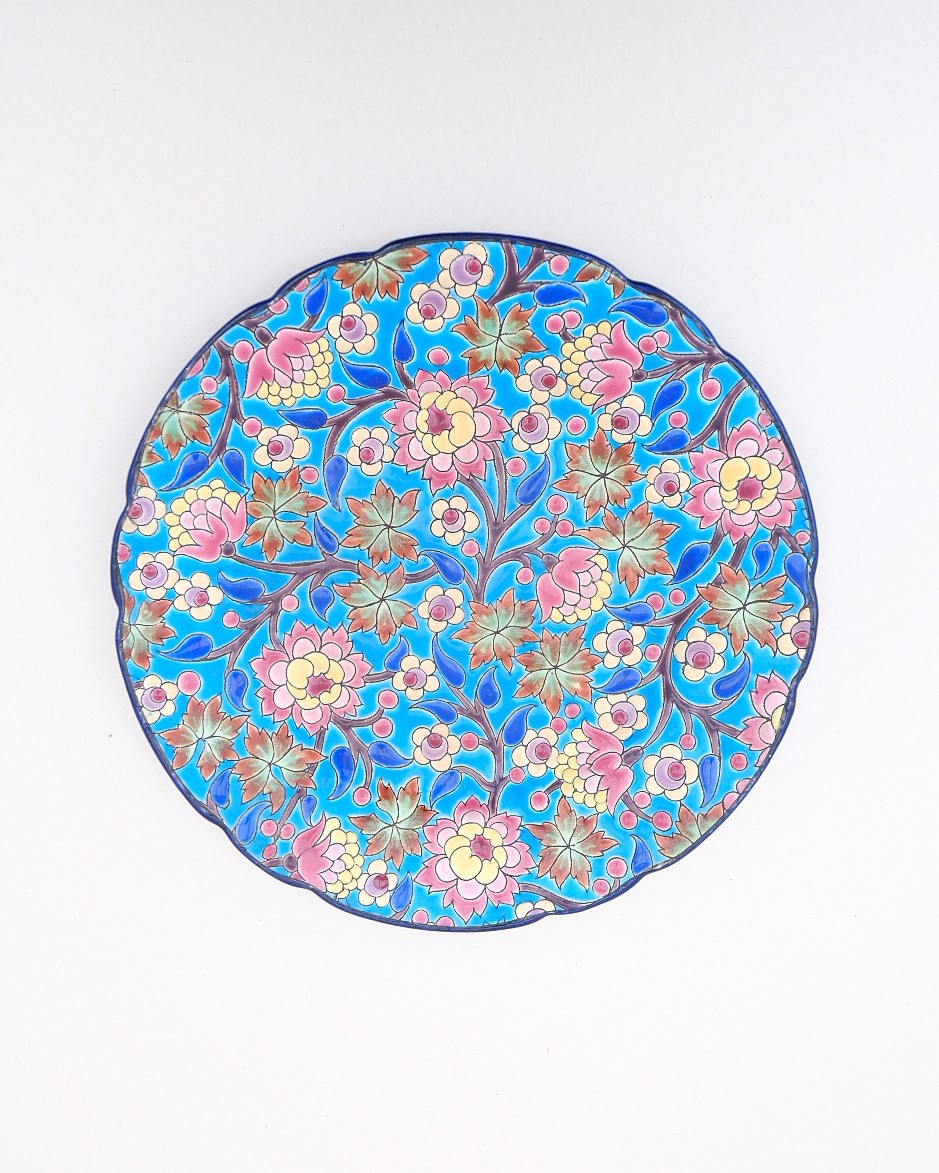 Longwy Earthenware Plate With Floral Decoration In Polychrome Enamels On A Sky Blue Background 