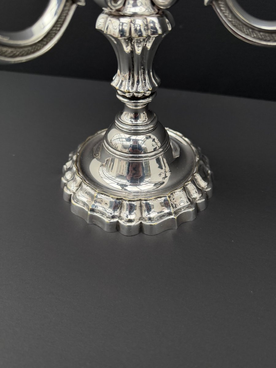 Paire de bougeoirs de CHRYSALIA trois feux en métal argenté  -photo-3