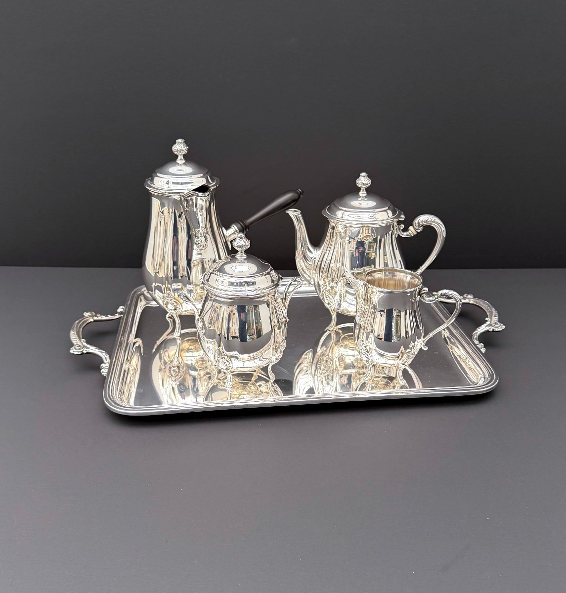 Tea And Coffee Service By Ercuis Silversmiths In Silver-plated Metal And Ebony  