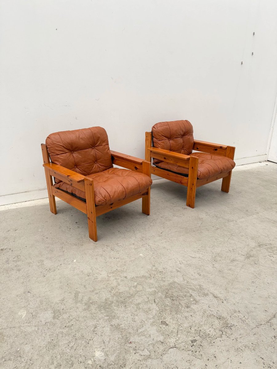 Pair Of Armchairs In Solid Pine And Leather, 1970-photo-2