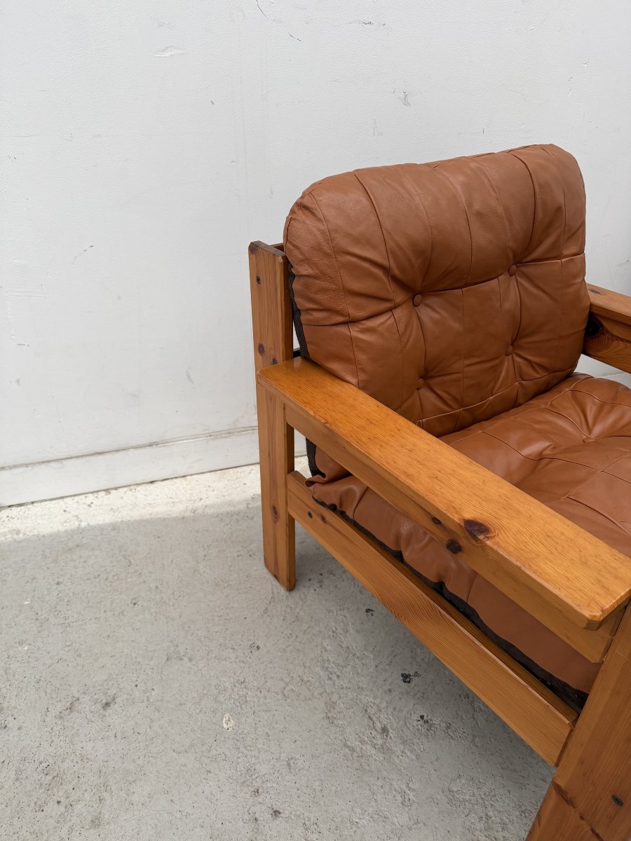 Pair Of Armchairs In Solid Pine And Leather, 1970-photo-3