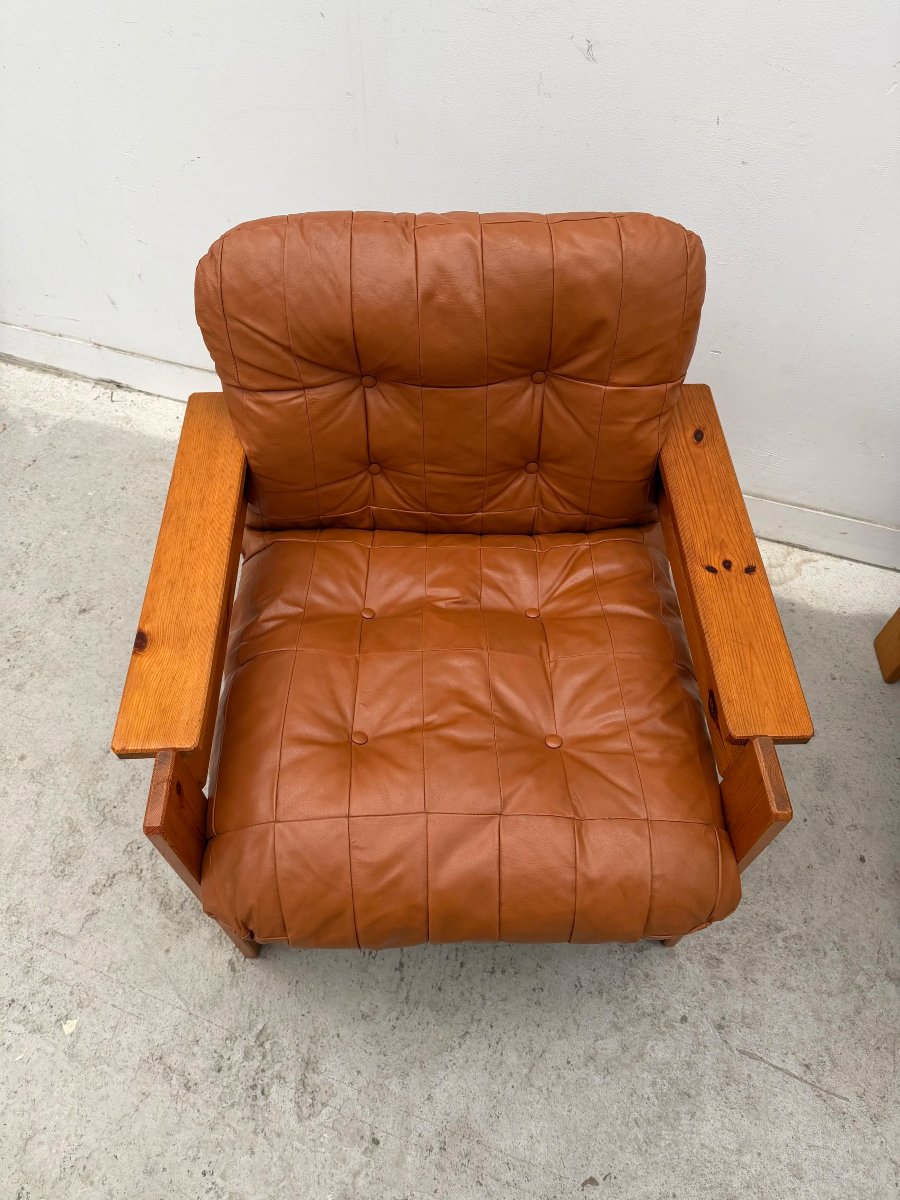 Pair Of Armchairs In Solid Pine And Leather, 1970-photo-4