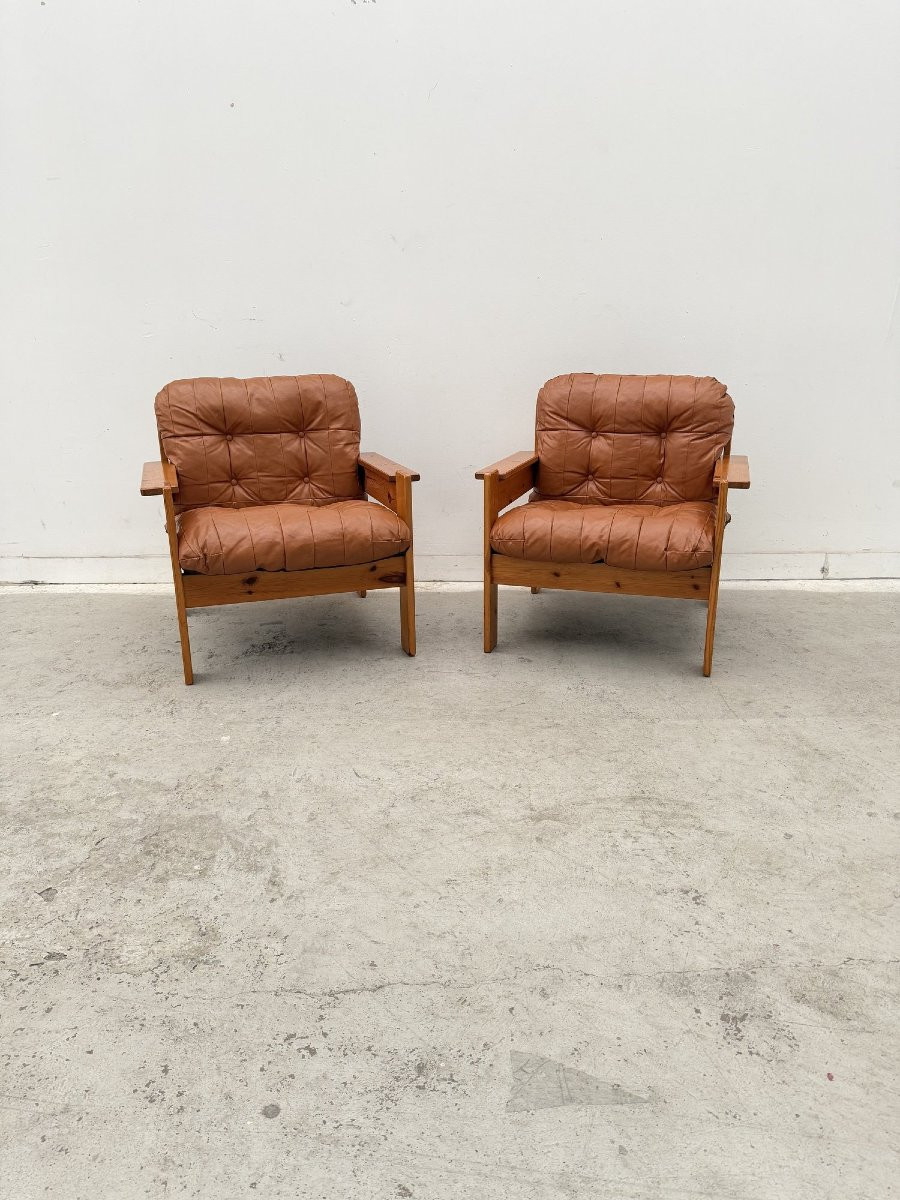 Pair Of Armchairs In Solid Pine And Leather, 1970-photo-4