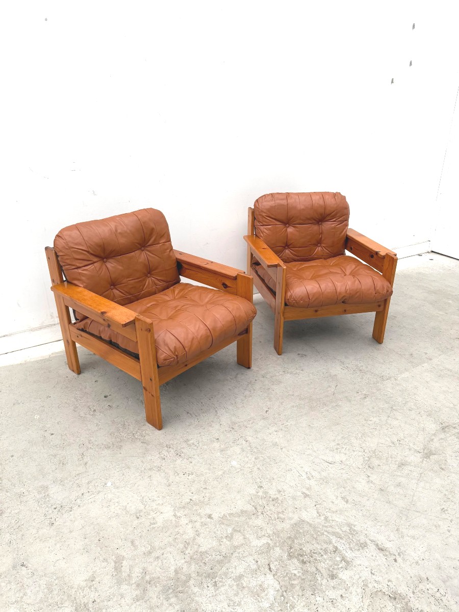 Pair Of Armchairs In Solid Pine And Leather, 1970