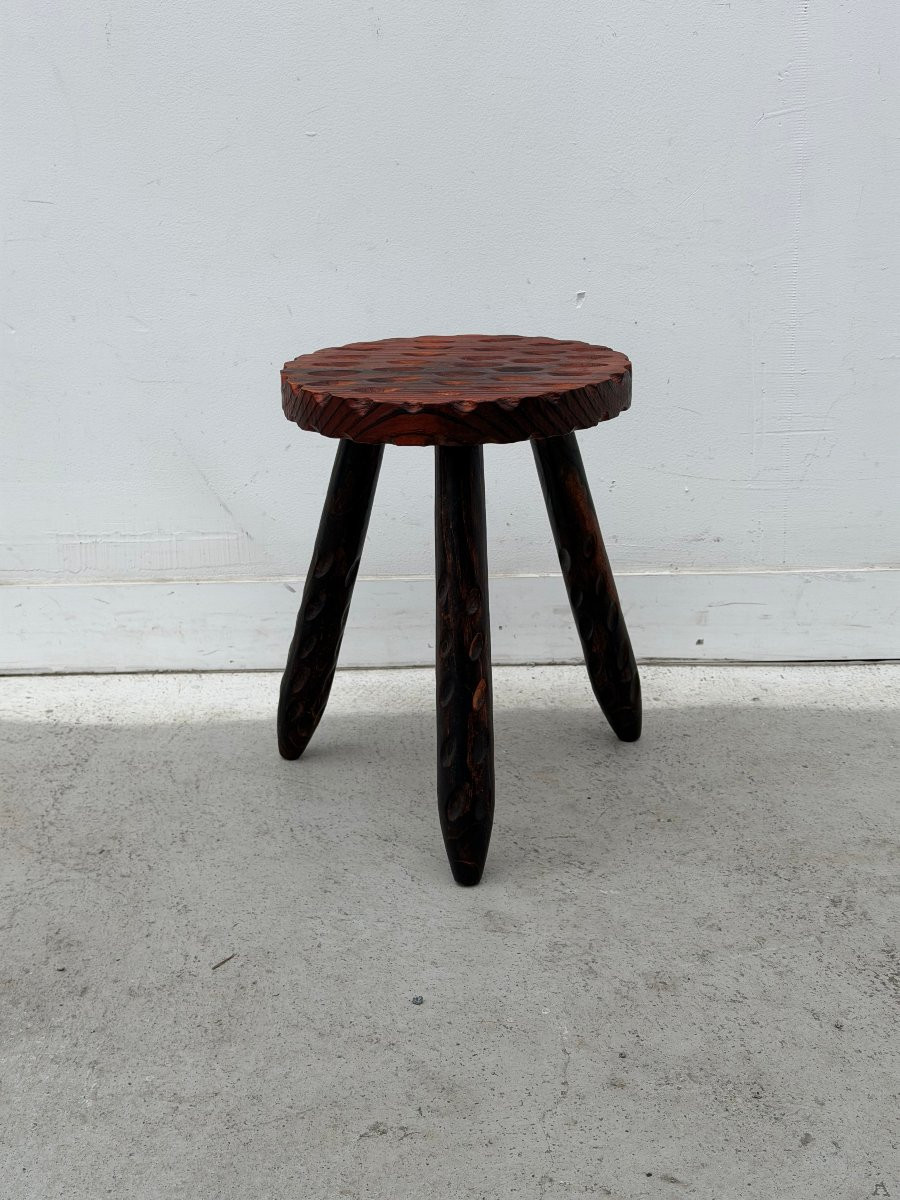 Tabouret brutaliste en bois massif, Espagne 1970  -photo-3