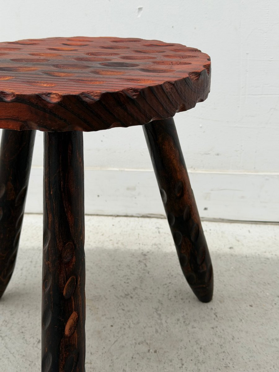Tabouret brutaliste en bois massif, Espagne 1970  -photo-4