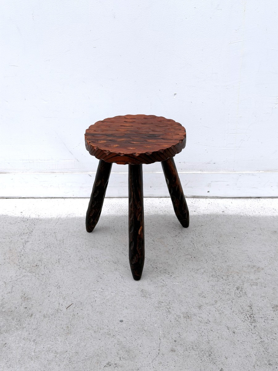 Tabouret brutaliste en bois massif, Espagne 1970  