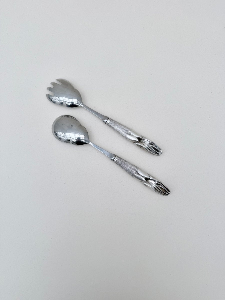 Christian Dior Salad Servers With 925 Sterling Silver And Stainless Steel Handles, Italy   -photo-2