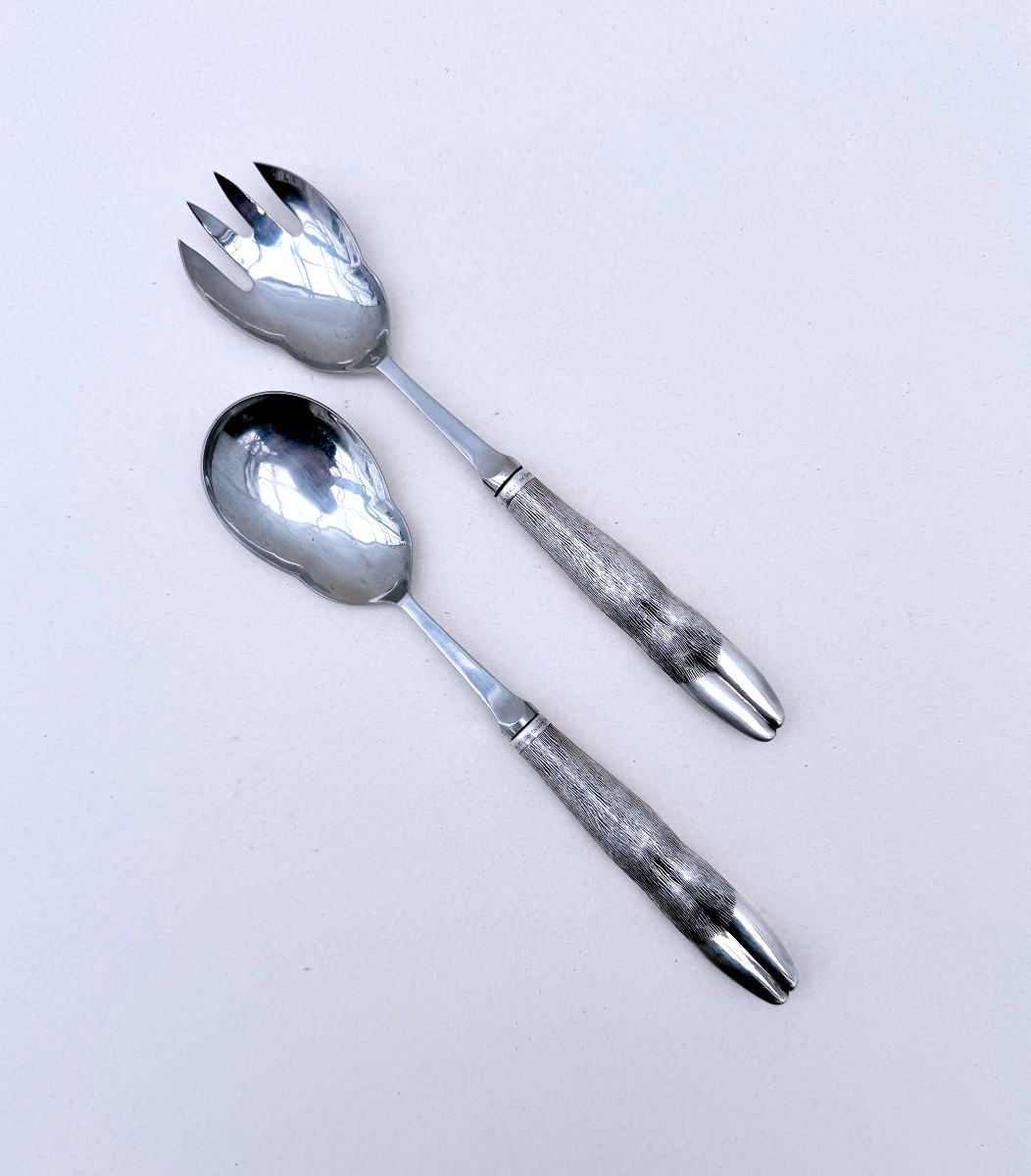 Christian Dior Salad Servers With 925 Sterling Silver And Stainless Steel Handles, Italy   