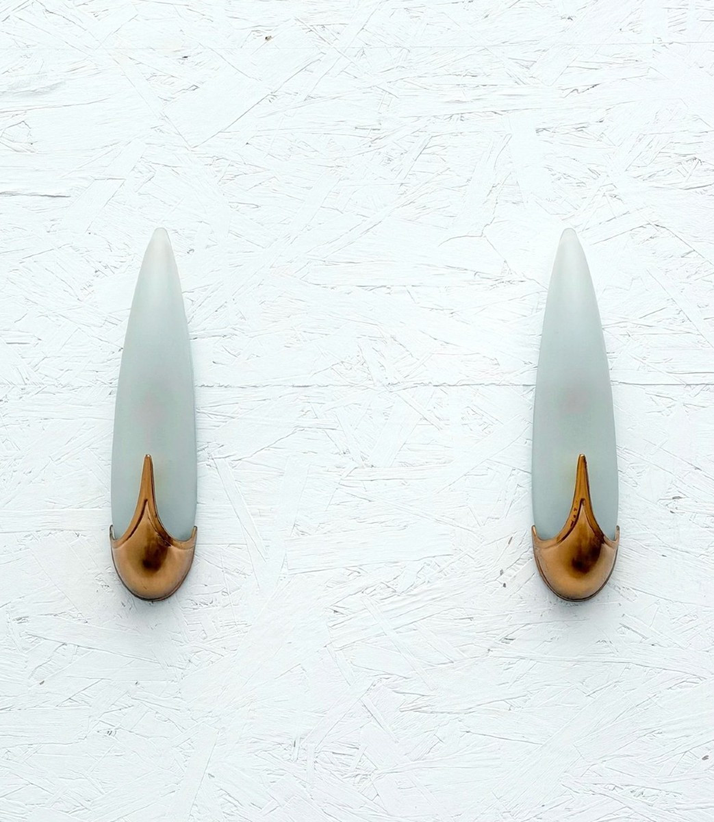 Pair Of Brass And Opaline Wall Lights, Italy 1980  