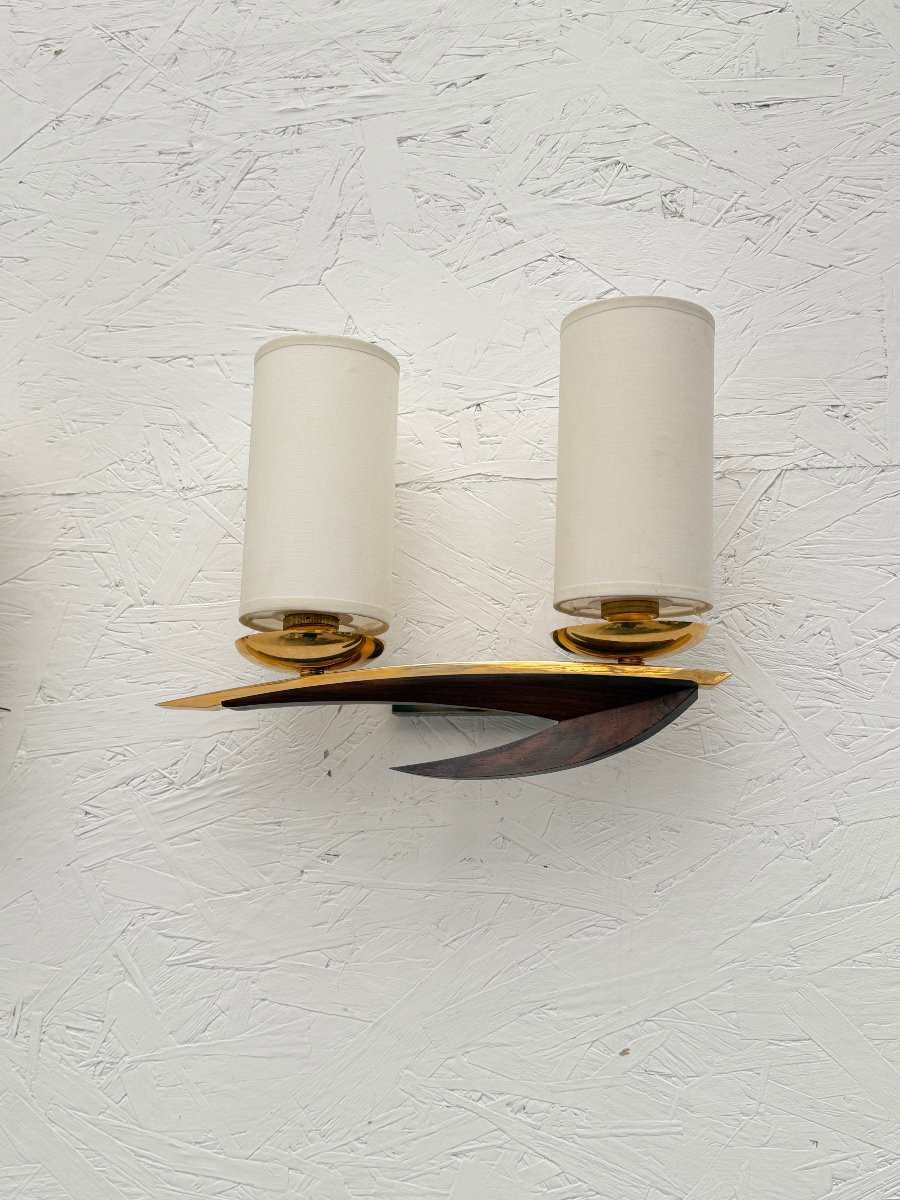 Pair Of Scandinavian Teak Wall Sconces With Fabric Shades, 1970  -photo-2