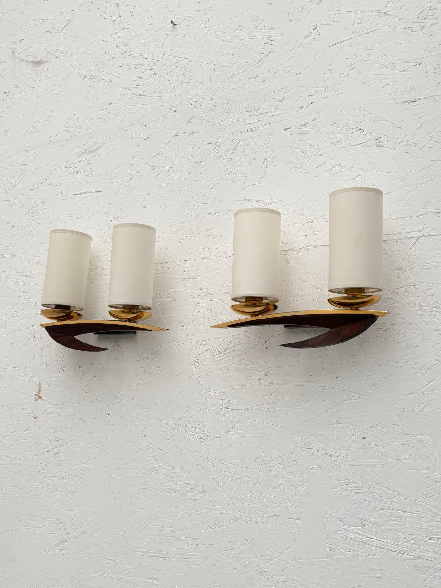 Pair Of Scandinavian Teak Wall Sconces With Fabric Shades, 1970  -photo-3