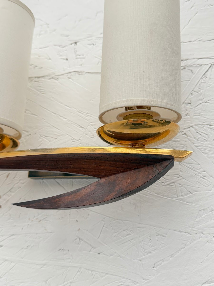 Pair Of Scandinavian Teak Wall Sconces With Fabric Shades, 1970  -photo-4