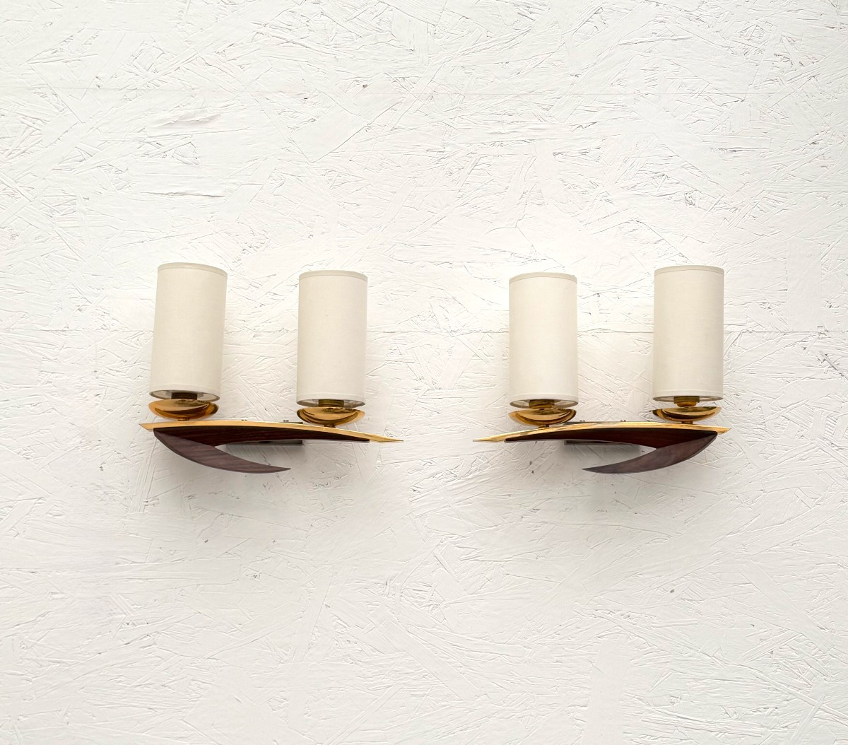 Pair Of Scandinavian Teak Wall Sconces With Fabric Shades, 1970  