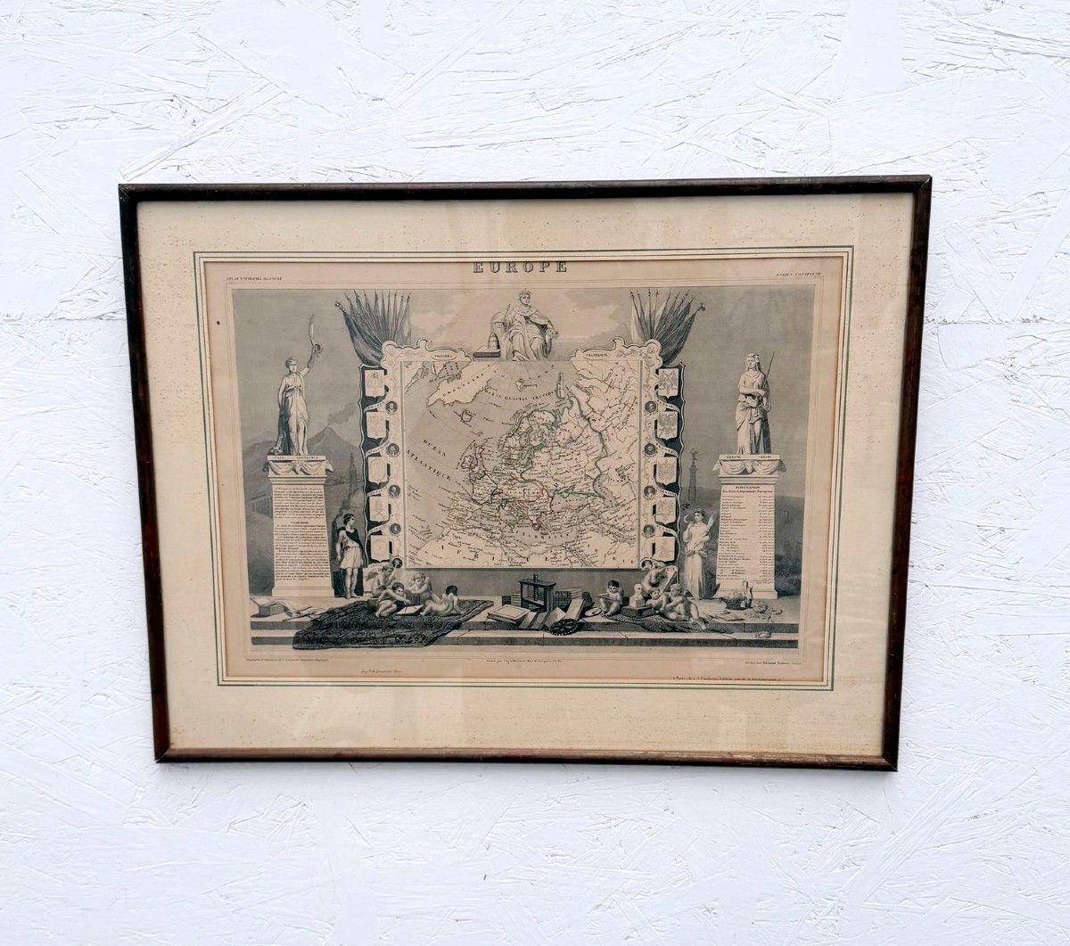 Gravure originale de Victor LEVASSEUR Carte ancienne de l'Europe et limites, 1846  