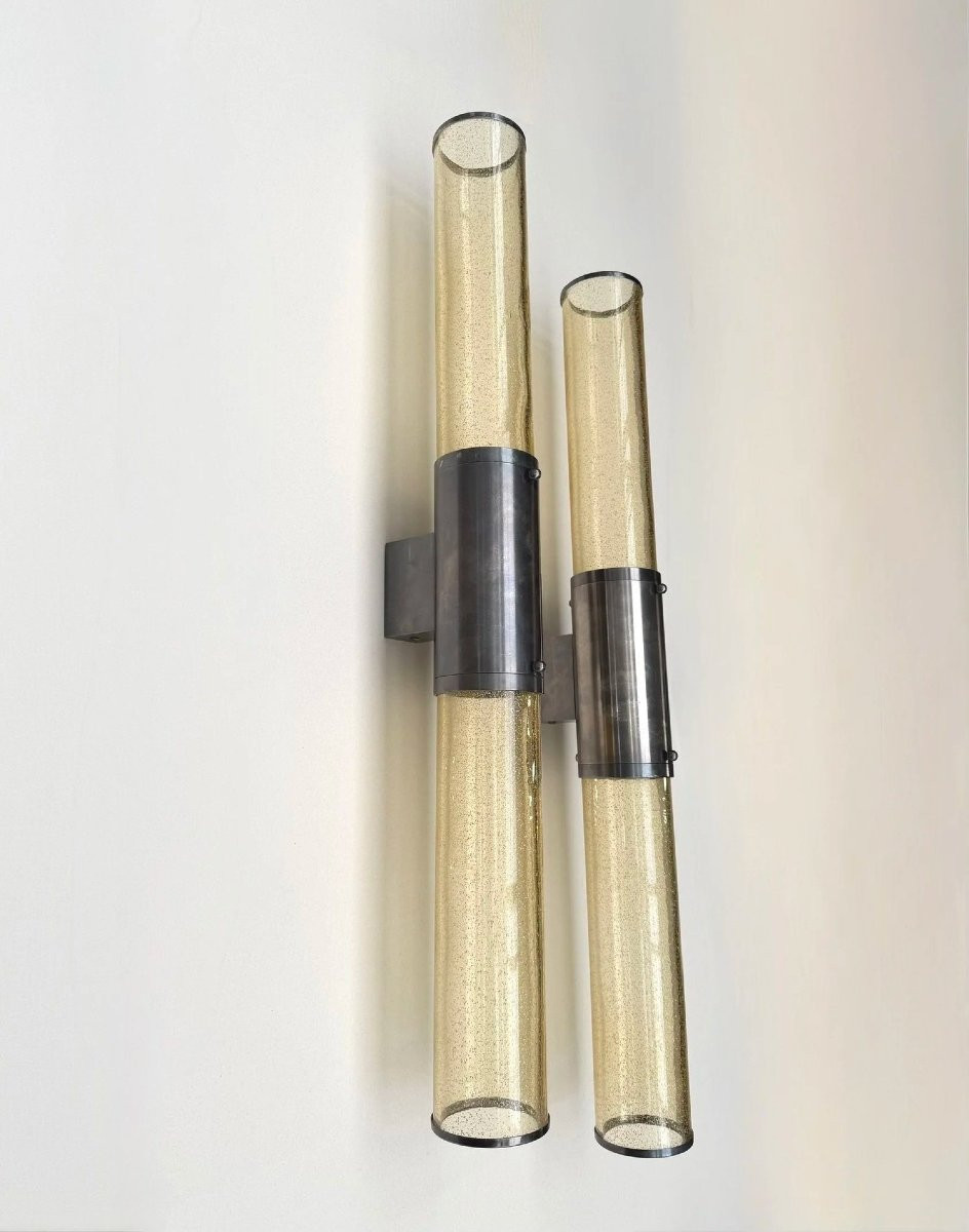 Pair Of Wall Sconces In Metal And Murano Glass, 1980  -photo-1