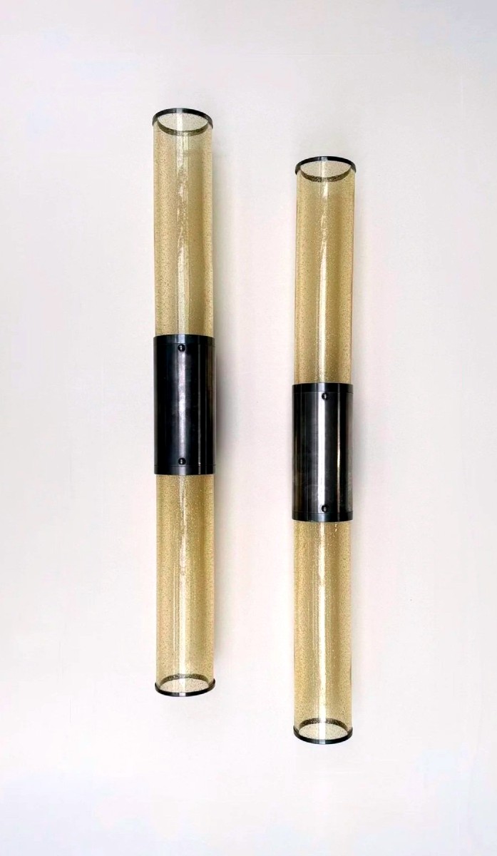 Pair Of Wall Sconces In Metal And Murano Glass, 1980  