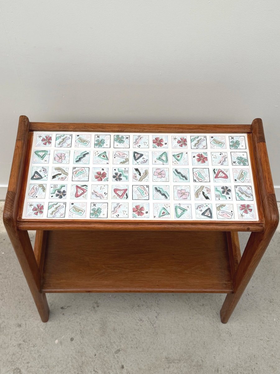 Wood And Ceramic Side Table, France 1950-photo-3
