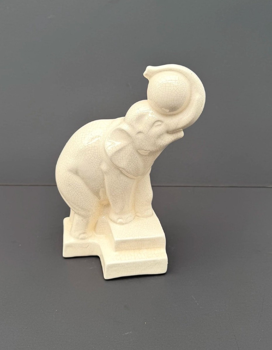 Statue Art Déco « Eléphant aux ballon » de DUQUENNE pour LONGWY, 1930