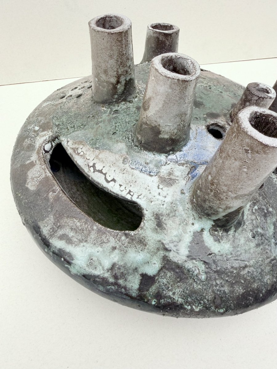 Vase pique-fleurs en céramique signée, 1960  -photo-4