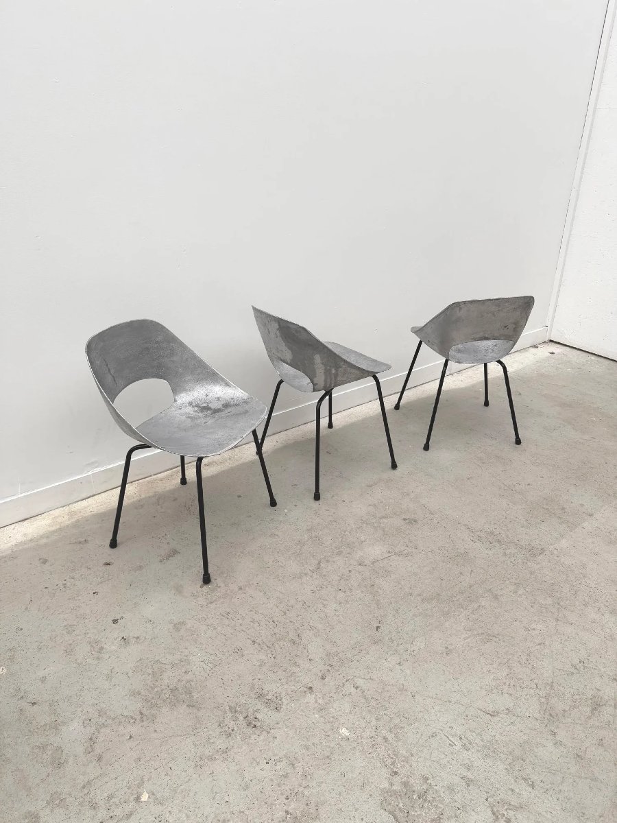 Chaises "Tulipe" de Pierre GUARICHE  édition Steiner en aluminium, France 1950   -photo-1