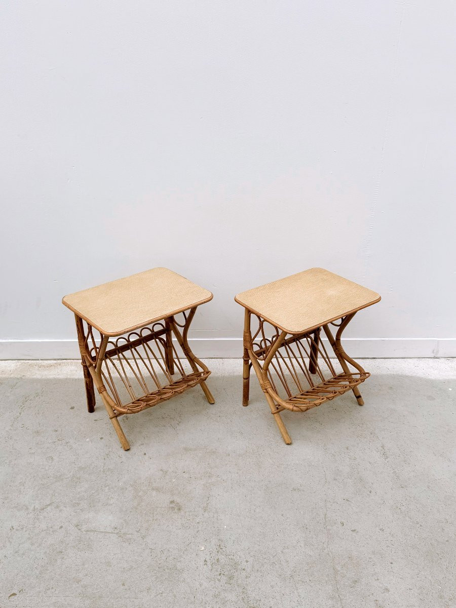 Paire de tables de chevet en rotin, France 1960 -photo-2