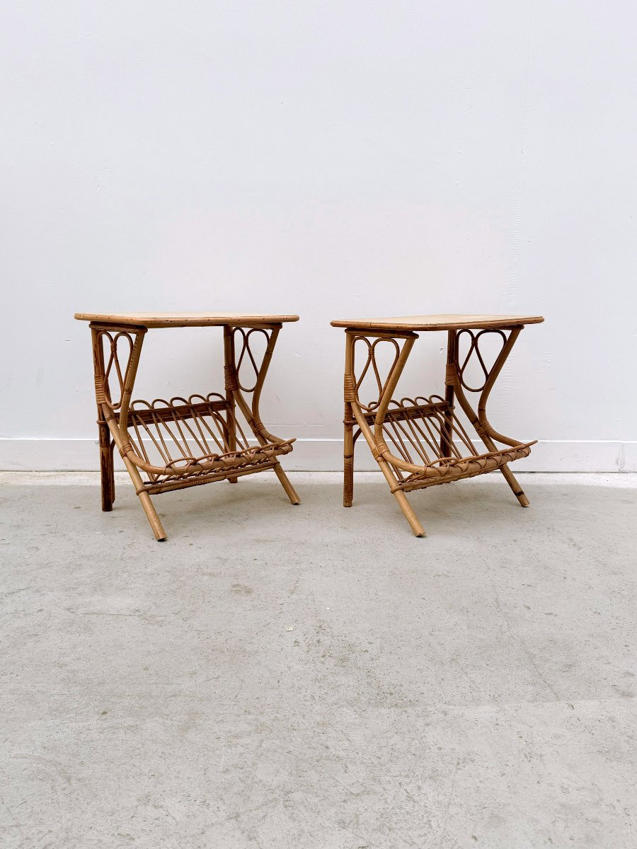 Paire de tables de chevet en rotin, France 1960 -photo-1