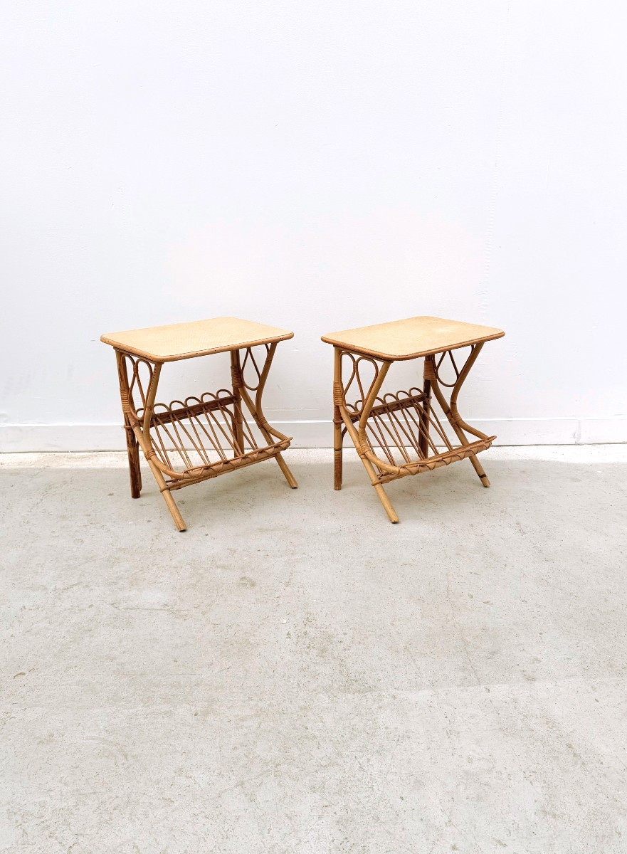 Paire de tables de chevet en rotin, France 1960 