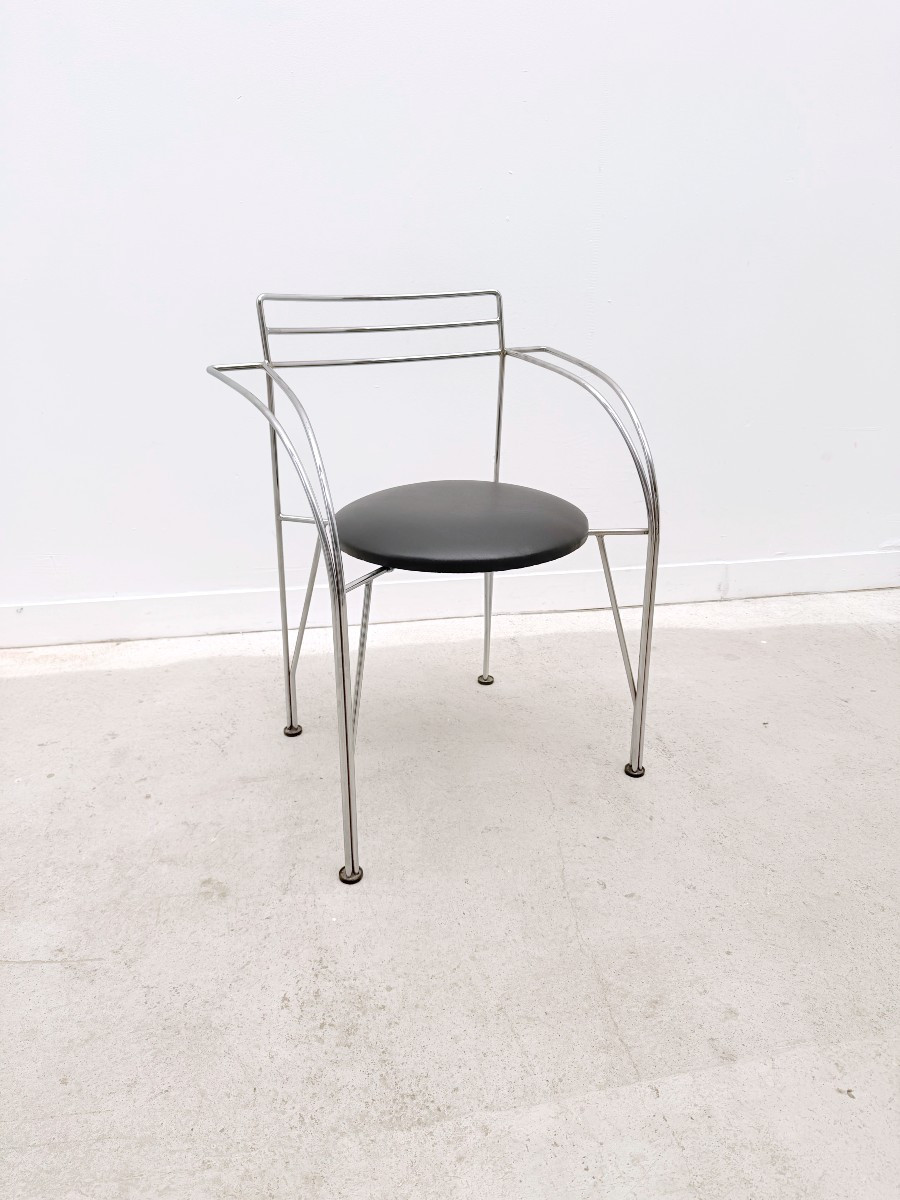 Chaise "Lune d'argent" de Pascal MOURGUE pour FERMOB en chrome et skai, France 1980  