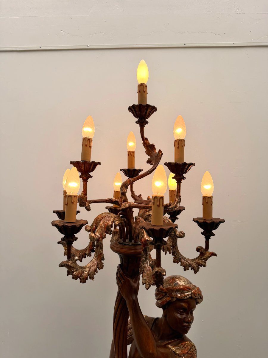 Lampadaire porte torchère "Nubien" en bois sculpté doré, Venise 1970  -photo-7