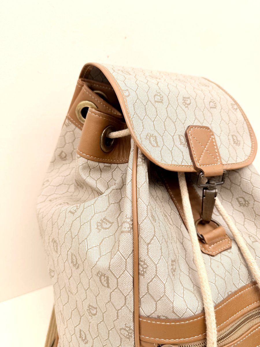 Vintage Christian Dior Backpack In Leather And Printed Canvas, France Circa 1980-photo-3