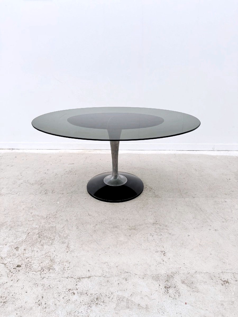Oval Tulip Table By Chromcraft In Plexiglas, Smoked Glass And Aluminium, Usa 1970