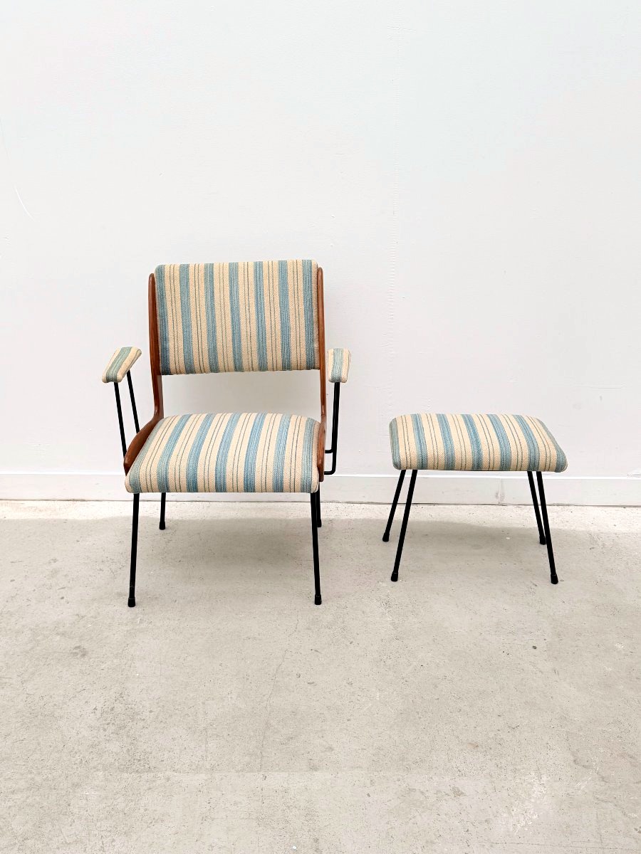 Fauteuil et son ottoman en bois et métal, Italie 1950  -photo-1