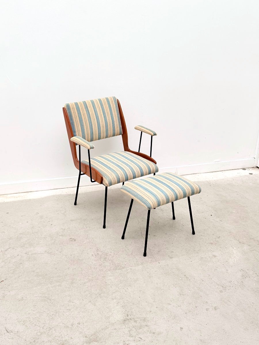 Fauteuil et son ottoman en bois et métal, Italie 1950  