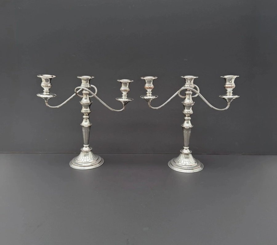Pair Of E.p. On Copper Candelabras In Silver-plated Metal, England, 1950  